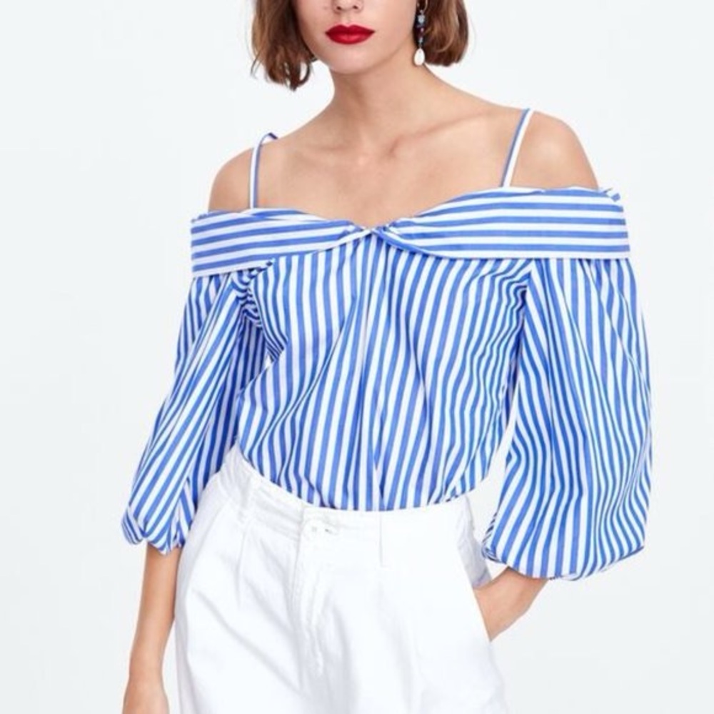 Zara off shoulder blue and white blouse
